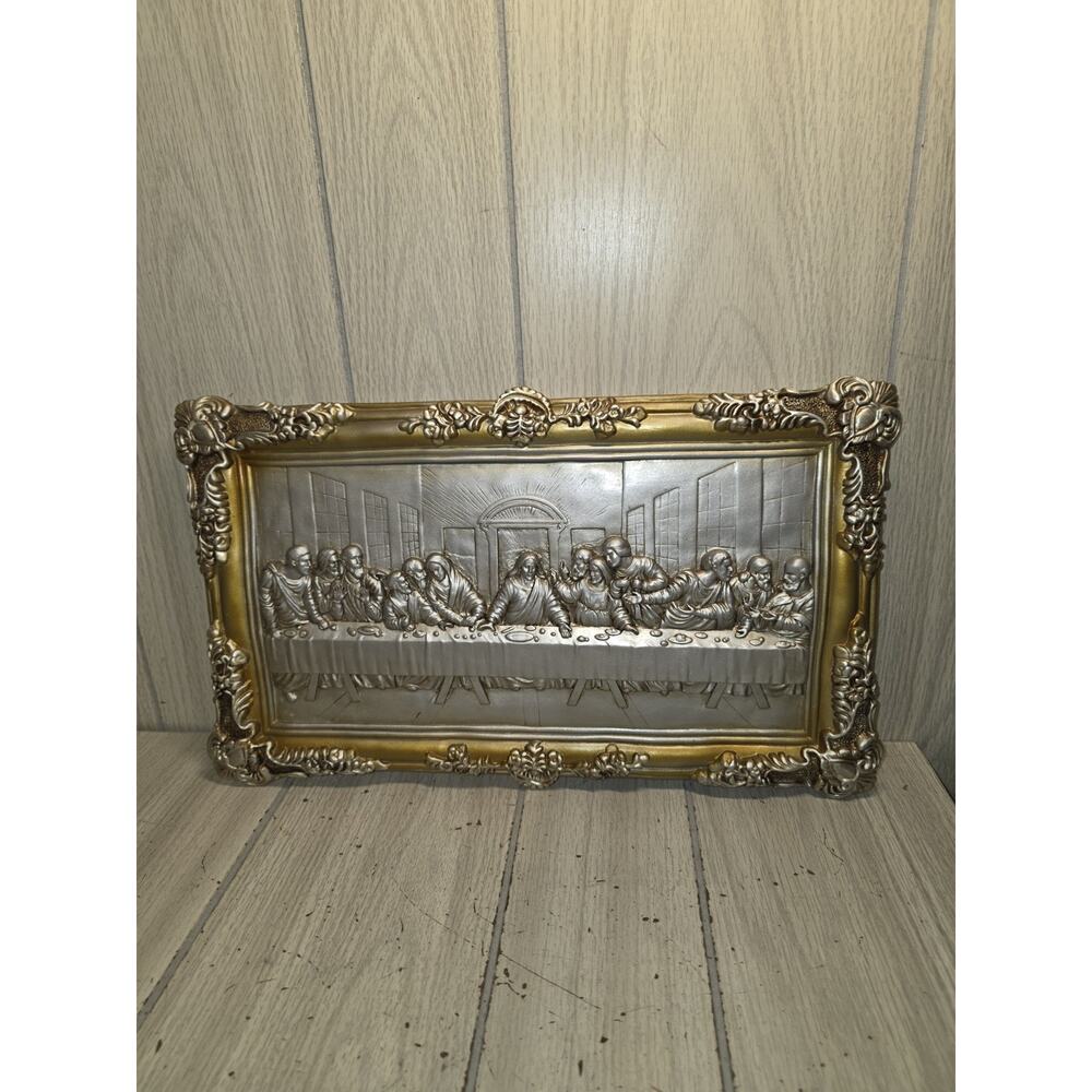 Vintage Last Supper Jesus Wall Hanging Chalkware Silver Gold 16 x 9 Religious